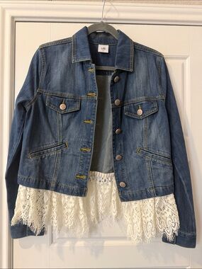 CAbi Blue Denim Jacket with Cream Lace Trim